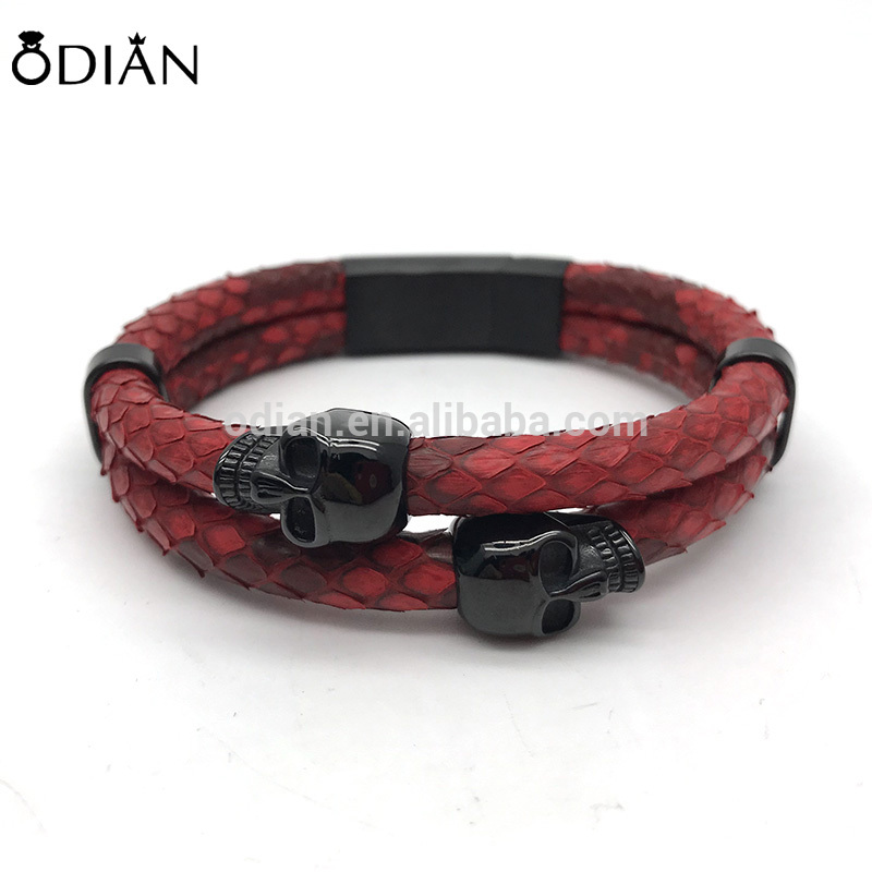 100% double strap genuine stingray and python leather cord twins skull bracelet