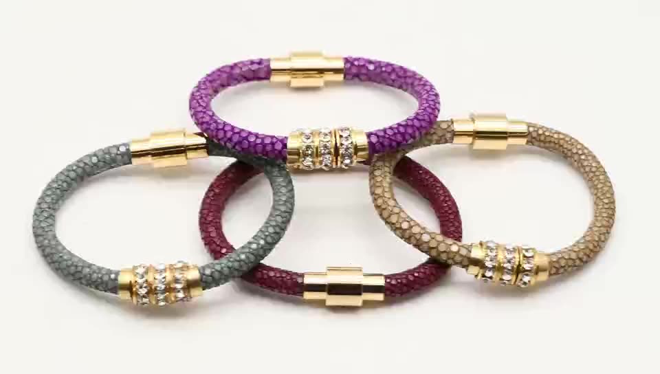 Wholesale Women Mens Jewelry purple Genuine Stingray Leather stainless steel Bracelet