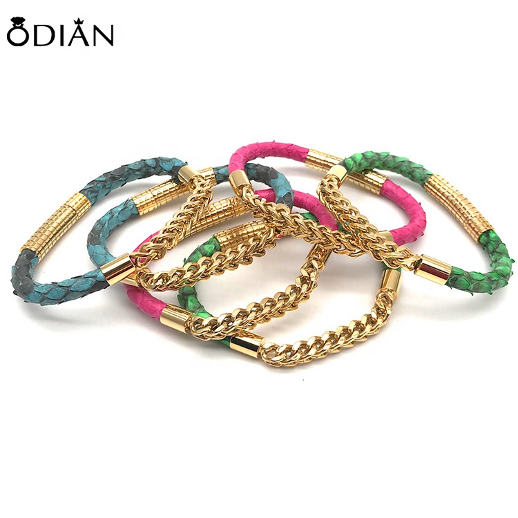 Odian Jewelry Genuine Stingray Python leather with Stainless steel Chain bracelet for couple man and women lady