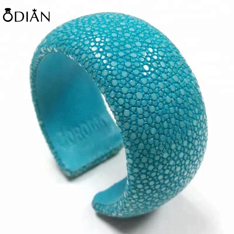 Blue gray stingray leather bracelet for women stainless steel bangle