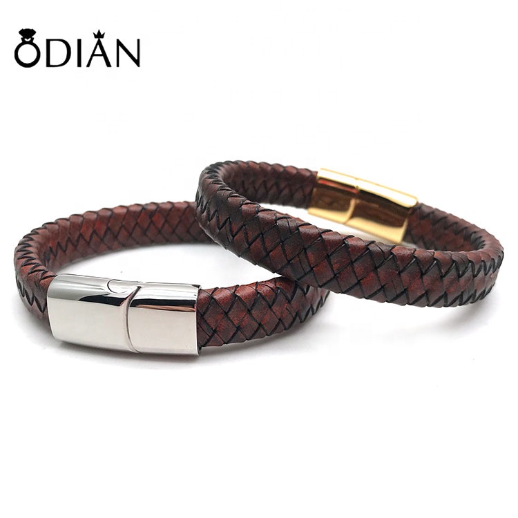Black Buckle Hand Bangle Jewelry Wholesale Stainless Steel Mens Leather Bracelet