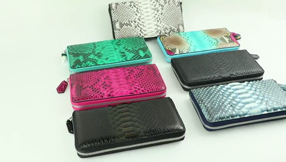 Top quality exotic luxury python skin leather wallet with zipper all around