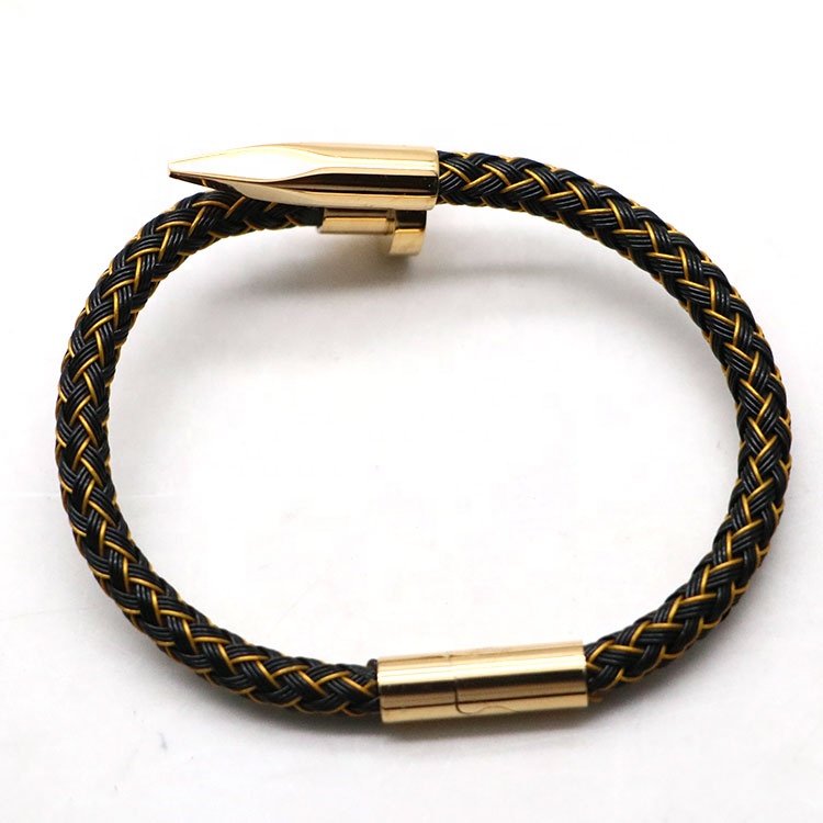 high polished 316 stainless steel curb link leather bracelet ,Black and gold braided rope