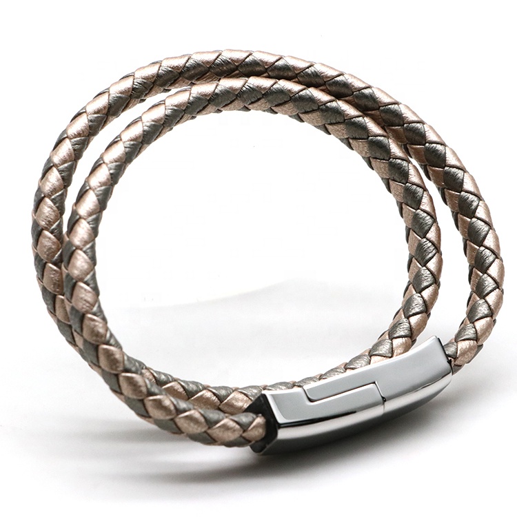 New Arrival Male Stainless Steel Metal Leather Data Charging USB Cable Bracelet