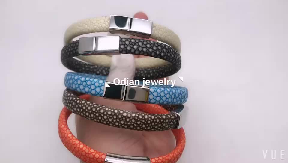 Hot colorful hight quality PU stingray leather with stainless steel button bracelet