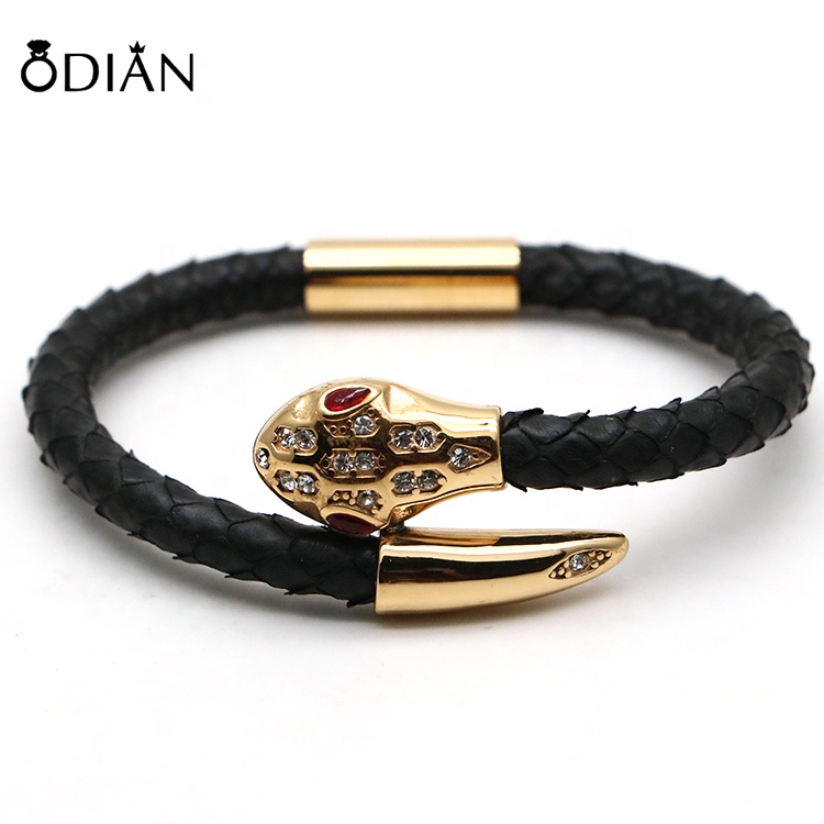 6 mm genuine python leather bracelet stainless steel leather bracelet with magnetic clasp Odian jewellery for men gift