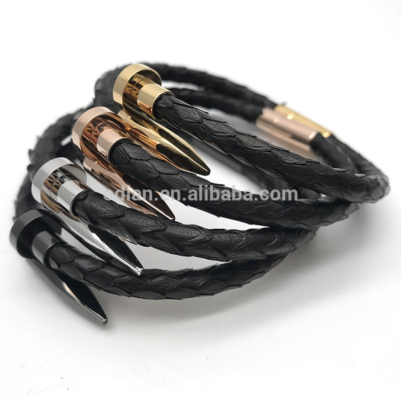Custom Jewelry Wholesale Stainless Steel Clasps Python Leather Snake Skin Bracelet Men