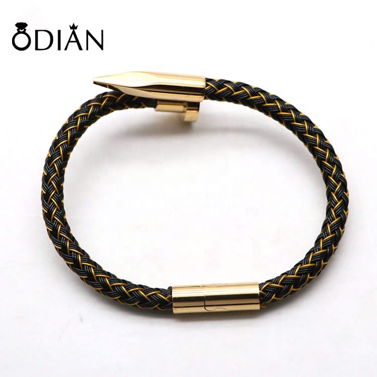 Hot Sale Custom Logo Personalise Stainless Steel Cuff Magnetic Clasp Leather Bracelets For Men