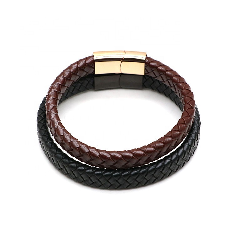 Fashion Jewellery Mesh Magnetic Clasp Wide Almond Light Brown Plaited Leather Bracelet ,can customize the size