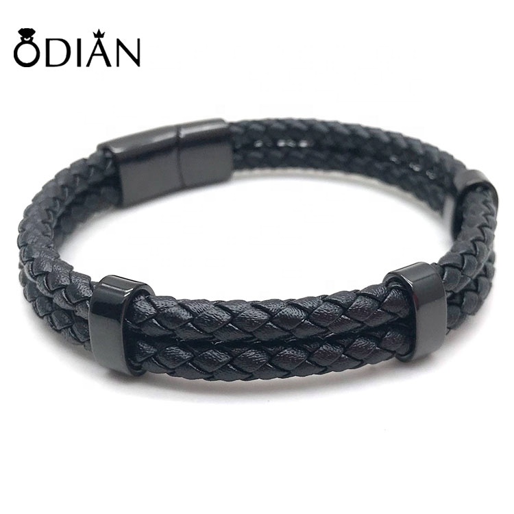 Trending Mens Jewelry Gift Double Layers Genuine Leather Rope Bracelets With Stainless Steel Clasp