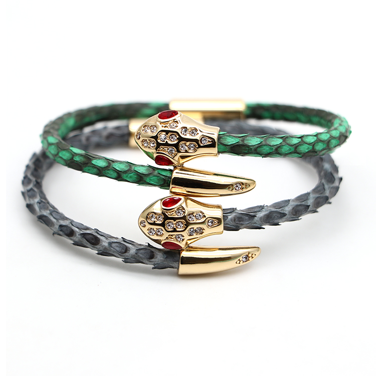 Wholesale Women Mens Jewelry Green Genuine Stingray Python Leather stainless steel snake head Bracelet