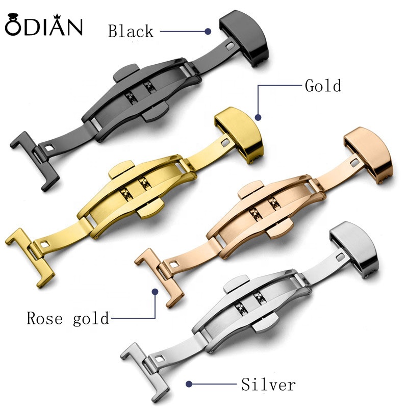 Odian 10 12 14 16 18 20 22mm Good quality Stainless Steel Double Button Clasp All Shine Butterfly Deployment Watch Buckle