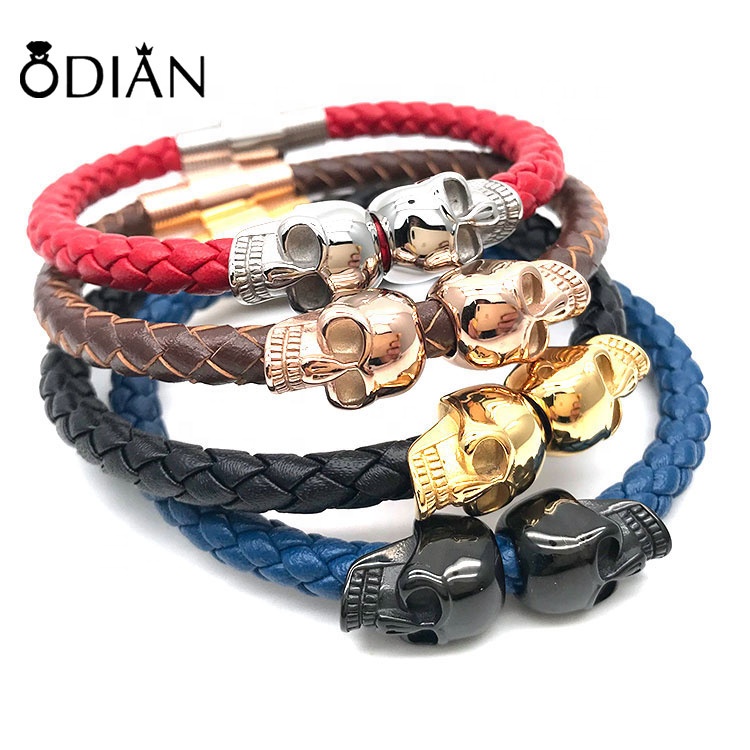 Odian Jewelry Wholesale Stainless Steel Punk Skulls Beads Charm Men Leather Bracelet