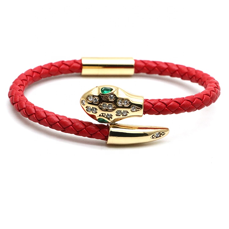 odian jewelry Genuine braided leather men bracelet for women couple bracelet with stainless steel snake head bracelet