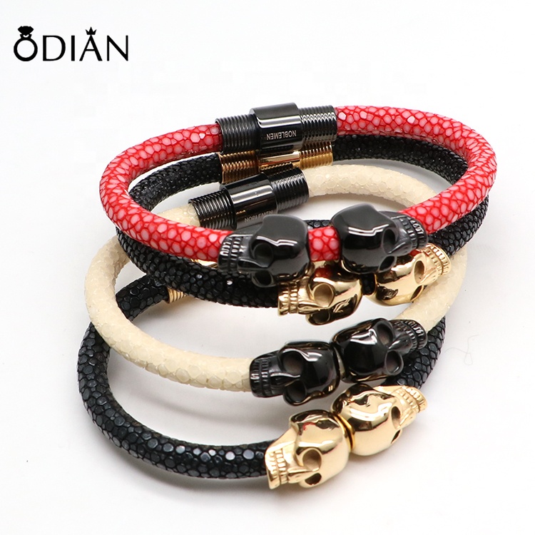 Hot Products Mens Womens Skull Beads Brown Red Black Round Stingray Leather Bracelet Wholesale
