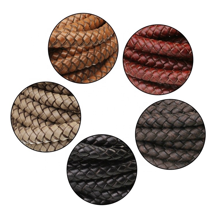 6mm black brown vintage round genuine braided rope leather cord for DIY bracelet making