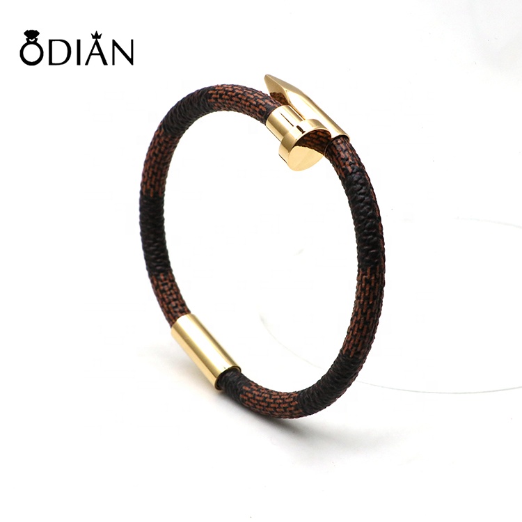 Braided Leather Nail Bracelet for Men Women Stainless Steel Charm Cuff Wristband Bangle with Magnetic Clasp