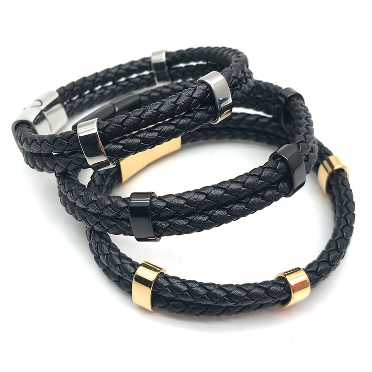 Trending Mens Jewelry Gift Double Layers Genuine Leather Rope Bracelets With Stainless Steel Clasp