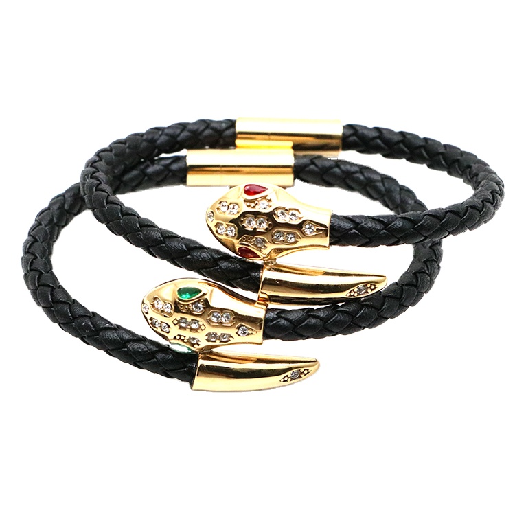 Odian Jewelry Wholesale Luxury Men'S and women Magnetic stainless steel snake head Charm Men Jewelry Bracelet Leather Bracelet