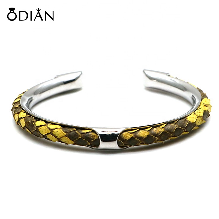 Luxury Trendy Men Python Skin Leather Bracelet 316L Titanium Steel Cuff Bangle Charm Jewelry