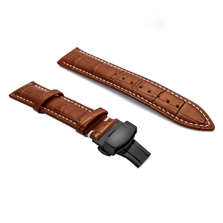 2020 Hot Sale Black Leather Watch Band 22 mm Strap Replacement Soft Leather Band with Stainless Steel Buckle High Quality